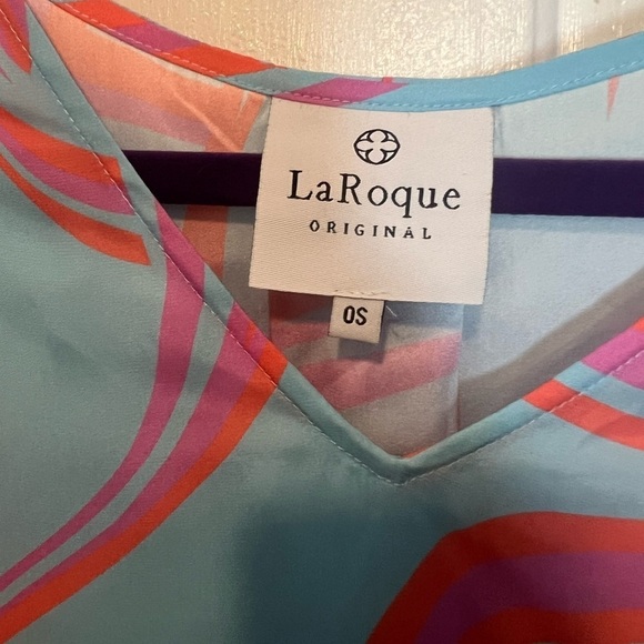 La Roque Park 100% silk blue, coral, and pink top with statement sleeves - Picture 10 of 12